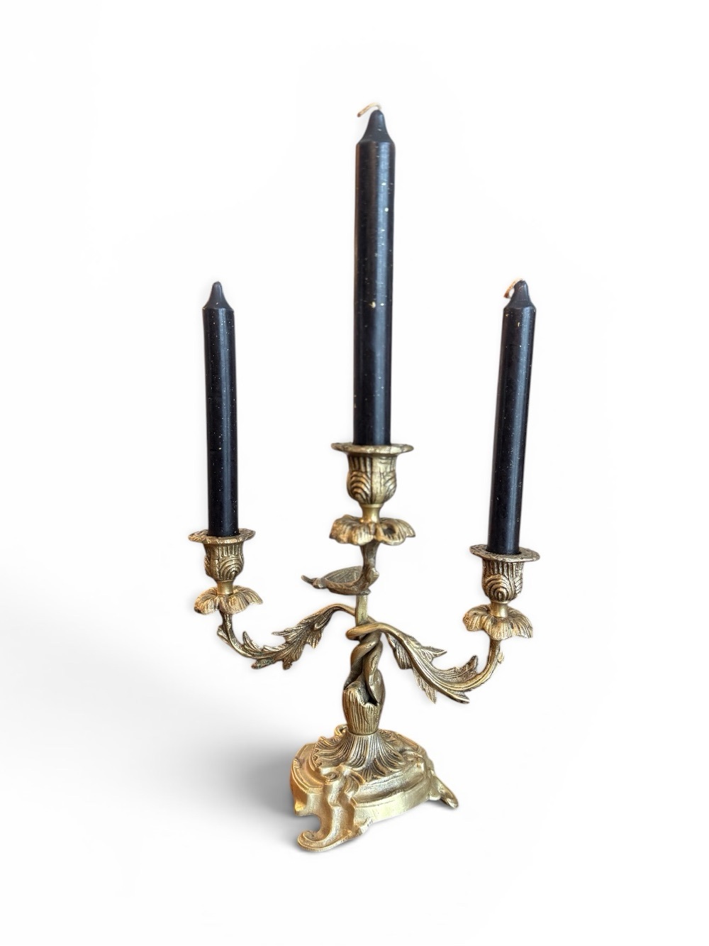 1970s Ornate Hand‑Wrought Brass 3‑Arm Candelabra